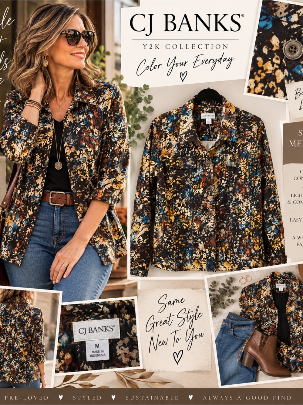 CJ Banks Brown Multicolor Abstract Button-Down Shirt Jacket